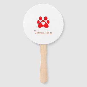 Dog paw red heart pet add name text animal paw hand fan