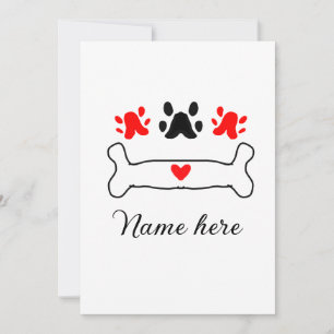 Dog paw red heart pet add name text animal paw invitation