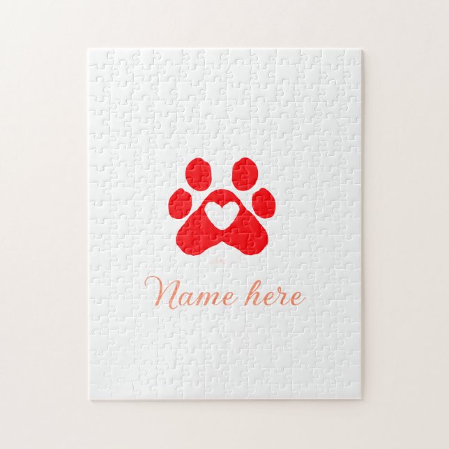 Dog paw red heart pet add name text animal paw  jigsaw puzzle (Vertical)
