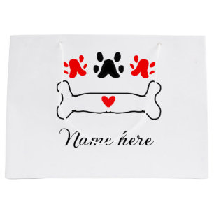 Dog paw red heart pet add name text animal paw large gift bag