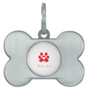 Dog paw red heart pet add name text animal paw pet ID tag