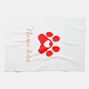 Dog paw red heart pet add name text animal paw tea towel