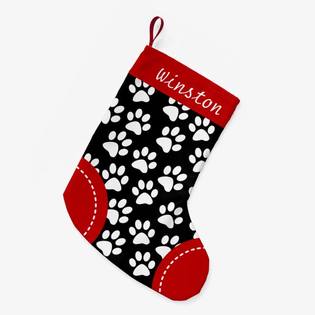 Dog Paw Themed Black Personalised Christmas Small Christmas Stocking (Front (Hanging))