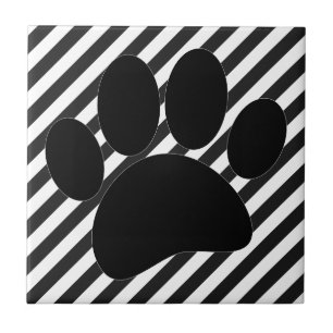 Dog Pawprint Black White Stripes Ceramic Tile