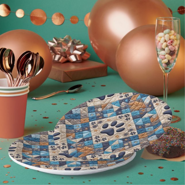 Dog Pawprint Quilt Design Paper Plate (Multi)