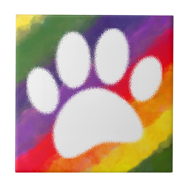 Dog Pawprint Rainbow Watercolor Ceramic Tile (Front)