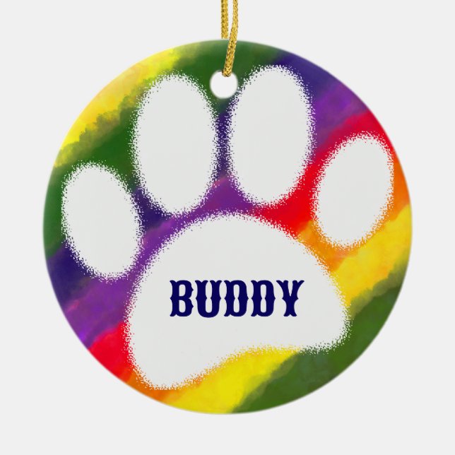 Dog Pawprint Rainbow Watercolor Custom Name Ceramic Ornament (Front)
