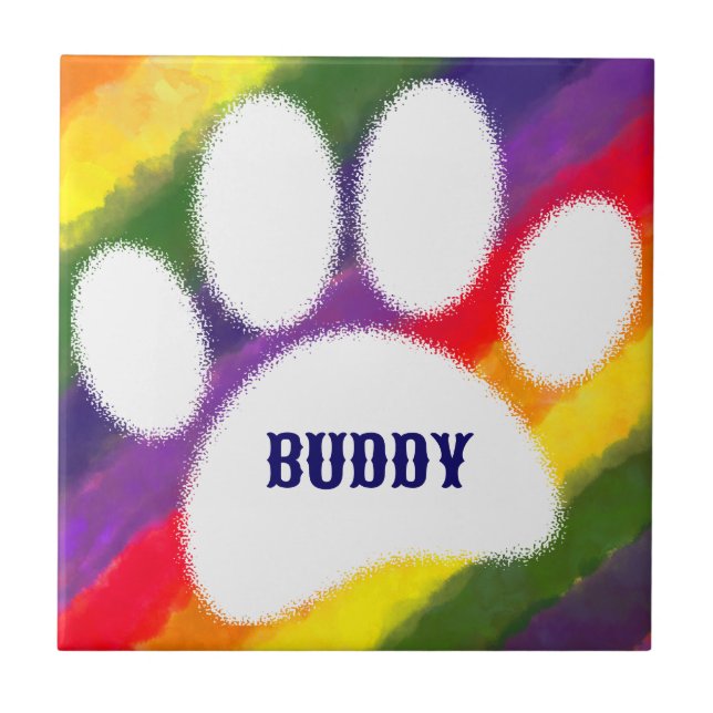 Dog Pawprint Rainbow Watercolor Custom Name Ceramic Tile (Front)