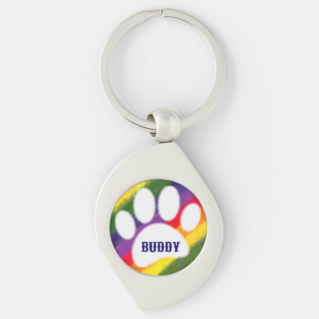 Dog Pawprint Rainbow Watercolor Custom Name Key Ring (Front)