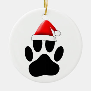Dog Pawprint Santa Hat Ceramic Ornament