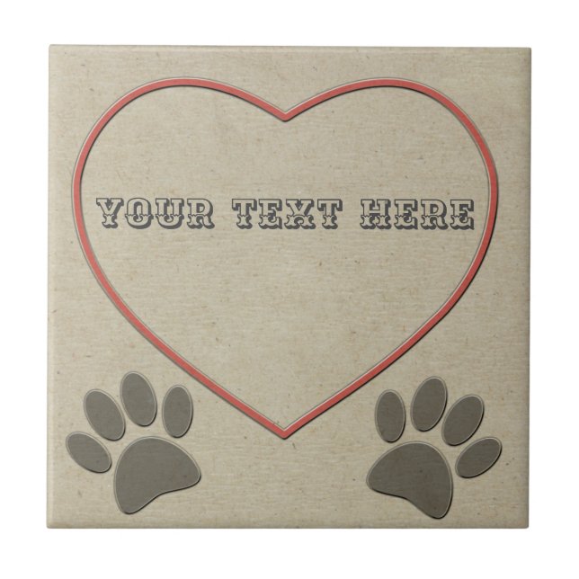 Dog Pawprints And Heart Faux Embossed Paper Ceramic Tile (Front)