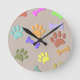 Dog Paws And Bones Faux Colourful Paper Fleece Bl Round Clock