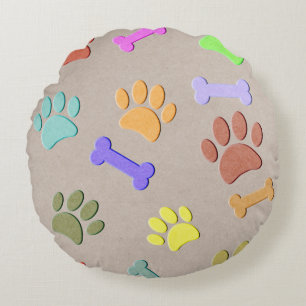 Dog Paws And Bones Faux Colourful Paper Fleece Bl Round Cushion