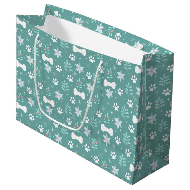 Dog Paws and Holiday Bones Pattern Large Gift Bag (Front Angled)