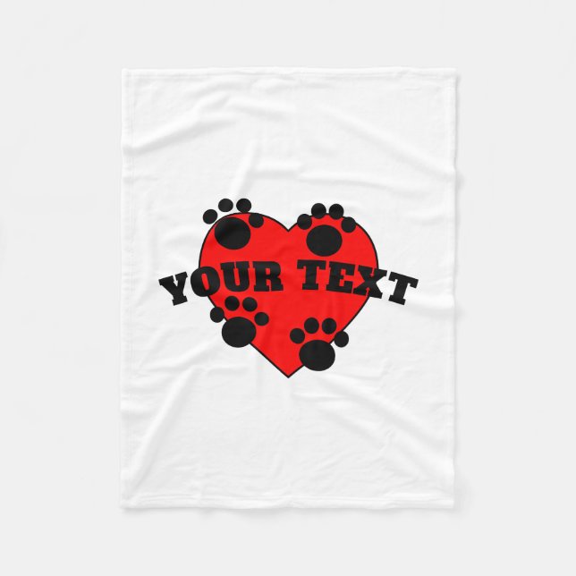 Dog Paws And Red Hearts Custom Text Fleece Blanket (Front)