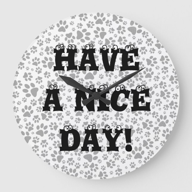 Dog Paws Black and White Polka Dot  Large Clock (Front)