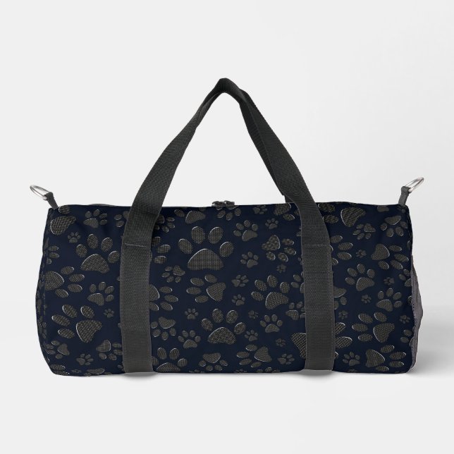 Dog Paws Black and White Polka Dot on dark blue Duffle Bag (Front)
