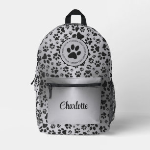 Dog Paws Black and White Polka Dot on metal silver Printed Backpack