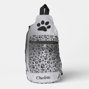 Dog Paws Black and White Polka Dot on metal silver Sling Bag