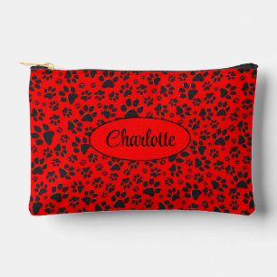 Dog Paws Black and White Polka Dot on red Accessory Pouch