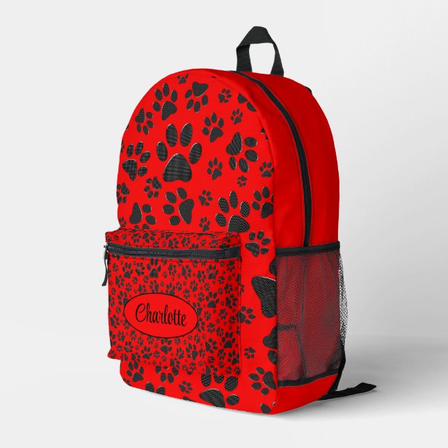 Dog Paws Black and White Polka Dot on red Printed Backpack (Back Corner Right)