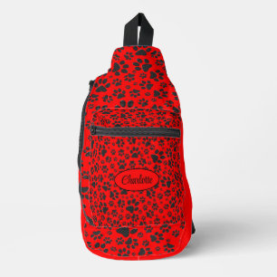 Dog Paws Black and White Polka Dot on red Sling Bag