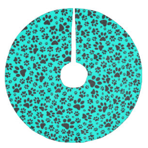 Dog Paws Black and White Polka Dot on vivid cyan  Brushed Polyester Tree Skirt
