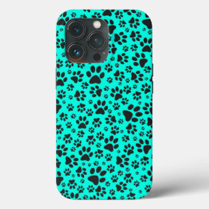 Dog Paws Black and White Polka Dot on vivid cyan iPhone 13 Pro Case
