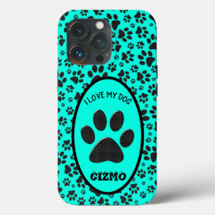 Dog Paws Black and White Polka Dot on vivid cyan   iPhone 13 Pro Case