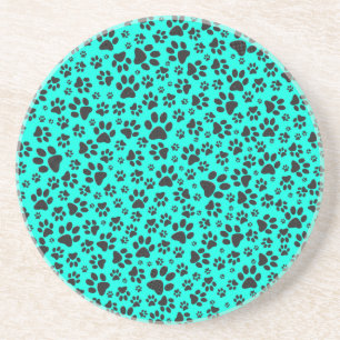 Dog Paws Black and White Polka Dot on vivid cyan Coaster