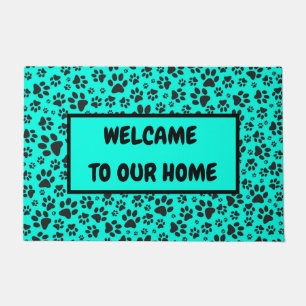 Dog Paws Black and White Polka Dot on vivid cyan   Doormat