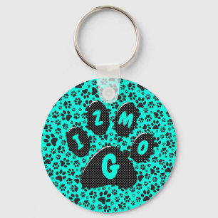 Dog Paws Black and White Polka Dot on vivid cyan Key Ring