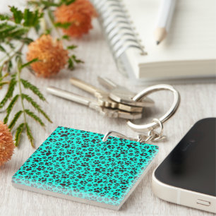 Dog Paws Black and White Polka Dot on vivid cyan Key Ring