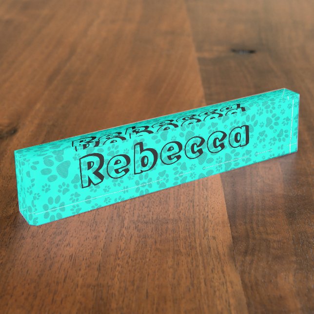 Dog Paws Black and White Polka Dot on vivid cyan Nameplate (Side)