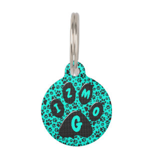 Dog Paws Black and White Polka Dot on vivid cyan Pet Tag