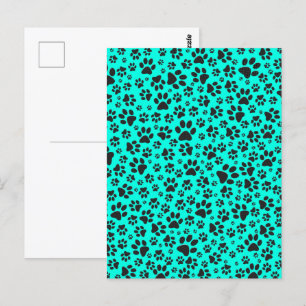 Dog Paws Black and White Polka Dot on vivid cyan Postcard