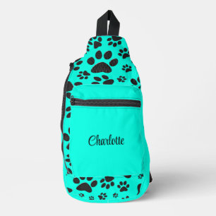 Dog Paws Black and White Polka Dot on vivid cyan  Sling Bag