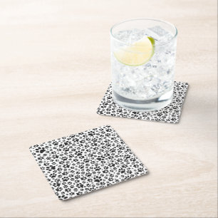 Dog Paws Black and White Polka Dot  Square Paper Coaster