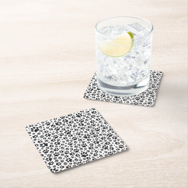 Dog Paws Black and White Polka Dot  Square Paper Coaster (Insitu)