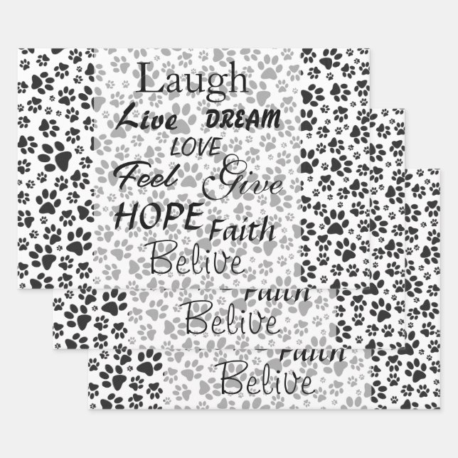 Dog Paws Black and White Polka Dot  Wrapping Paper (Set)