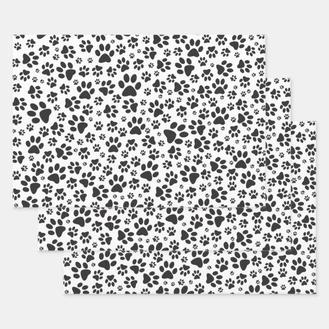 Dog Paws Black and White Polka Dot  Wrapping Paper Sheet (Set)