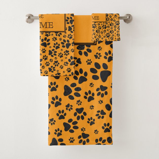 Dog Paws Black & White Polka Dot on dahlia orange  Bath Towel Set (Insitu)
