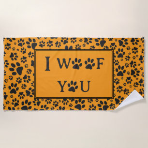 Dog Paws Black & White Polka Dot on dahlia orange Beach Towel