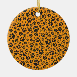 Dog Paws Black & White Polka Dot on dahlia orange Ceramic Ornament