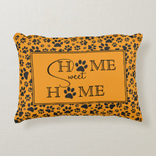 Dog Paws Black & White Polka Dot on dahlia orange Decorative Cushion
