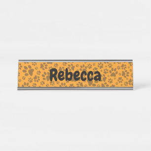 Dog Paws Black & White Polka Dot on dahlia orange Desk Name Plate