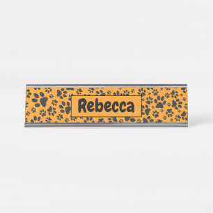 Dog Paws Black & White Polka Dot on dahlia orange  Desk Name Plate