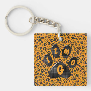 Dog Paws Black & White Polka Dot on dahlia orange Key Ring
