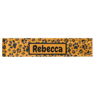 Dog Paws Black & White Polka Dot on dahlia orange Nameplate