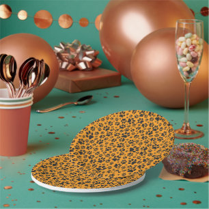 Dog Paws Black & White Polka Dot on dahlia orange Paper Plate